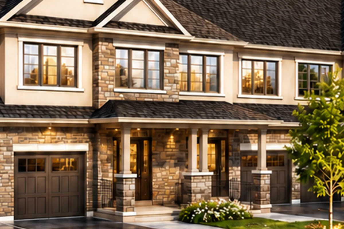 Liora Townhomes Georgina community rendering — streetscape view of freehold townhomes